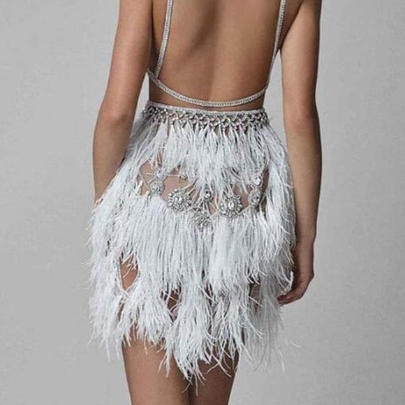 Short Feather Cocktail Backless Spaghetti Crystal Beads Mini Evening Gown - Picture 12 of 14